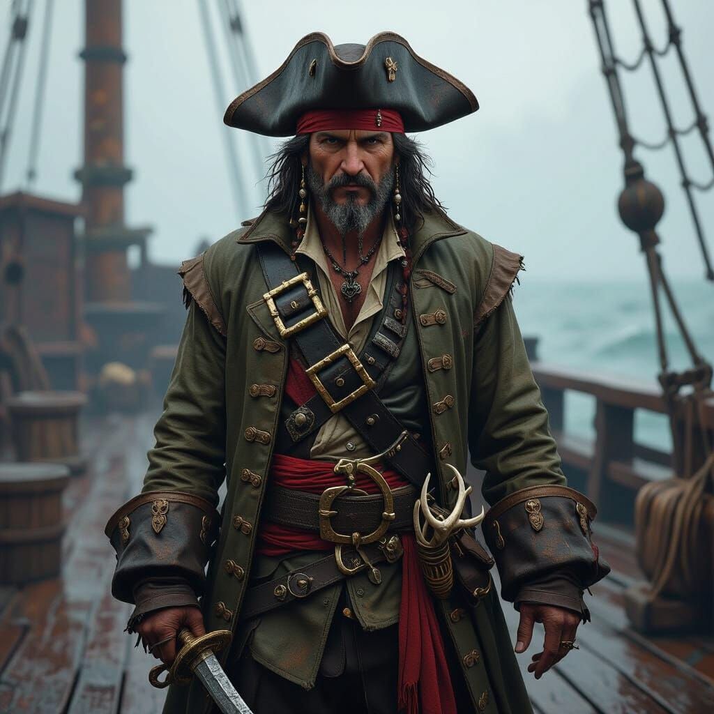 Grizzled Pirate on Deck in Animation Art Style