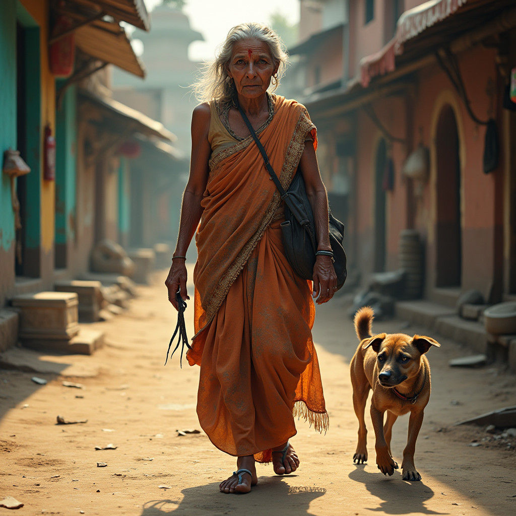 Weathered Woman and Dog in Hyperrealistic Street Scene