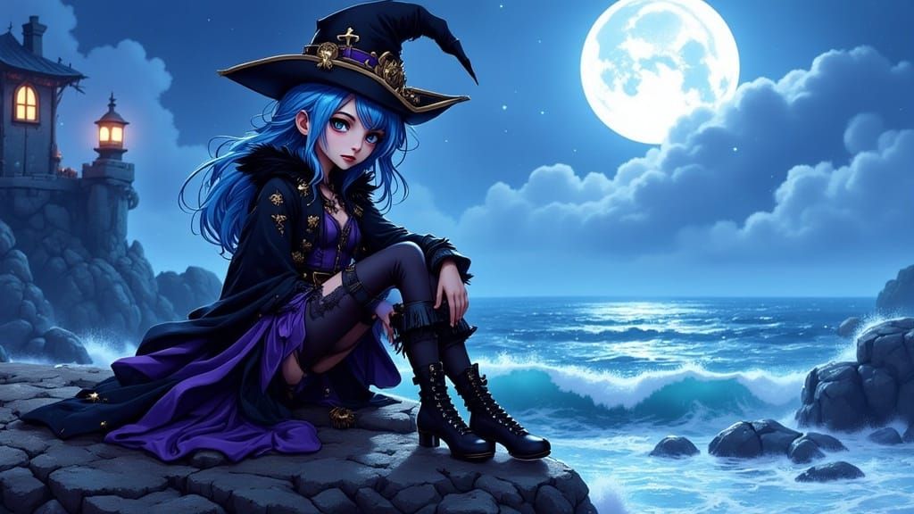 Goth Anime Pirate with Blue Hair Digital Art