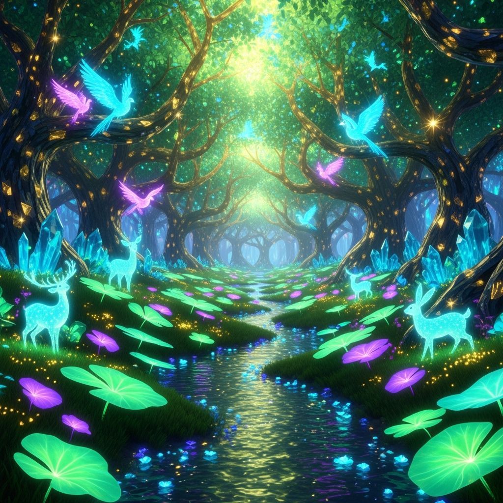 Bioluminescent Crystal Forest in Vibrant Fantasy Style