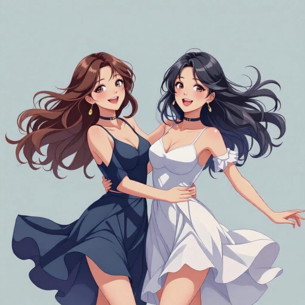 Two Women Dancing Joyfully in Semi-Realistic Anime Style