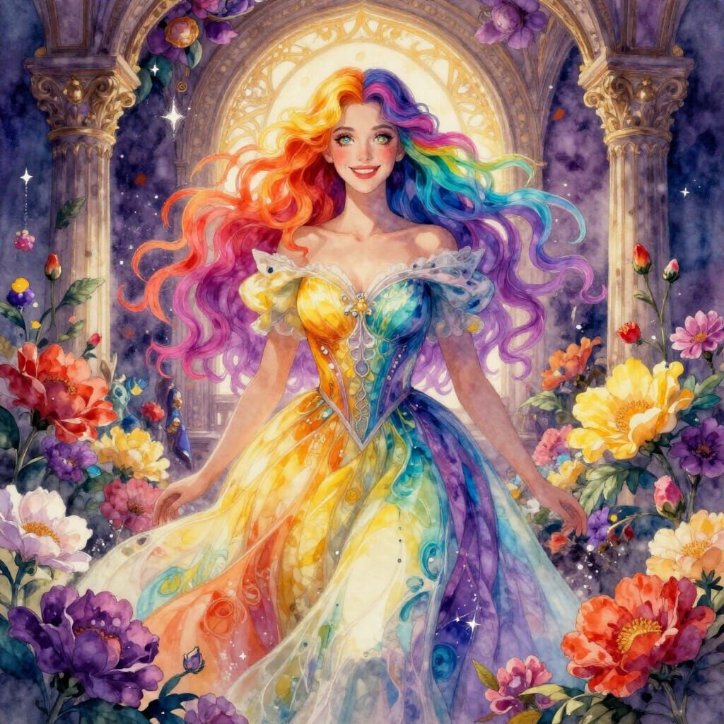 Rainbow Woman in Watercolor Flower Room