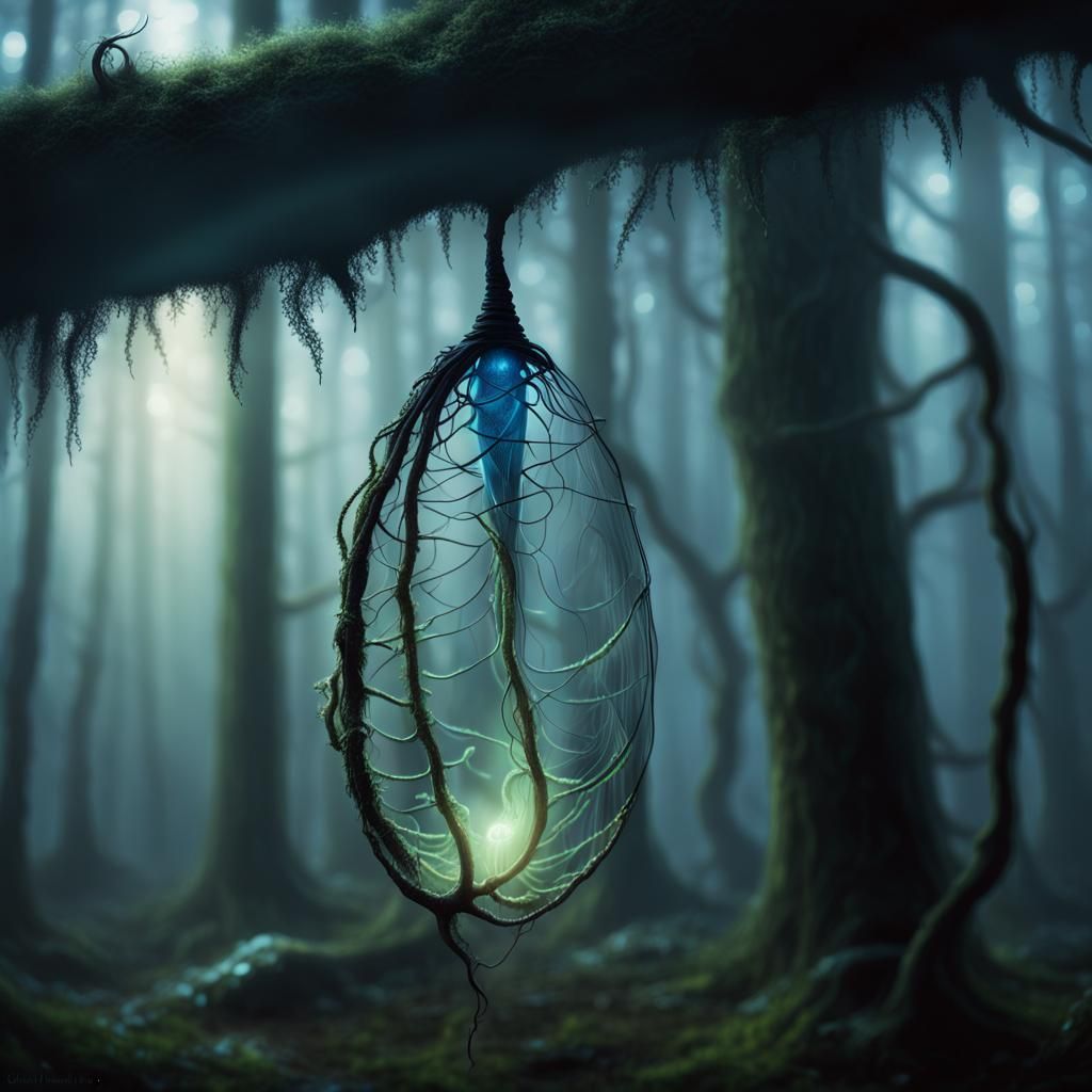 Eerie Bioluminescent Tendril Cocoon in Dark Forest