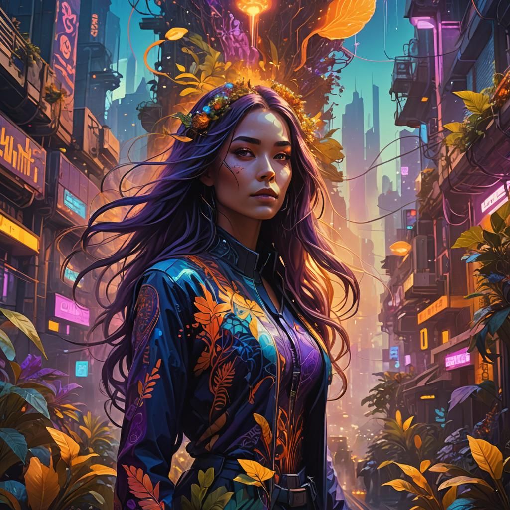 Psychedelic Woman in Futuristic City Concept Art