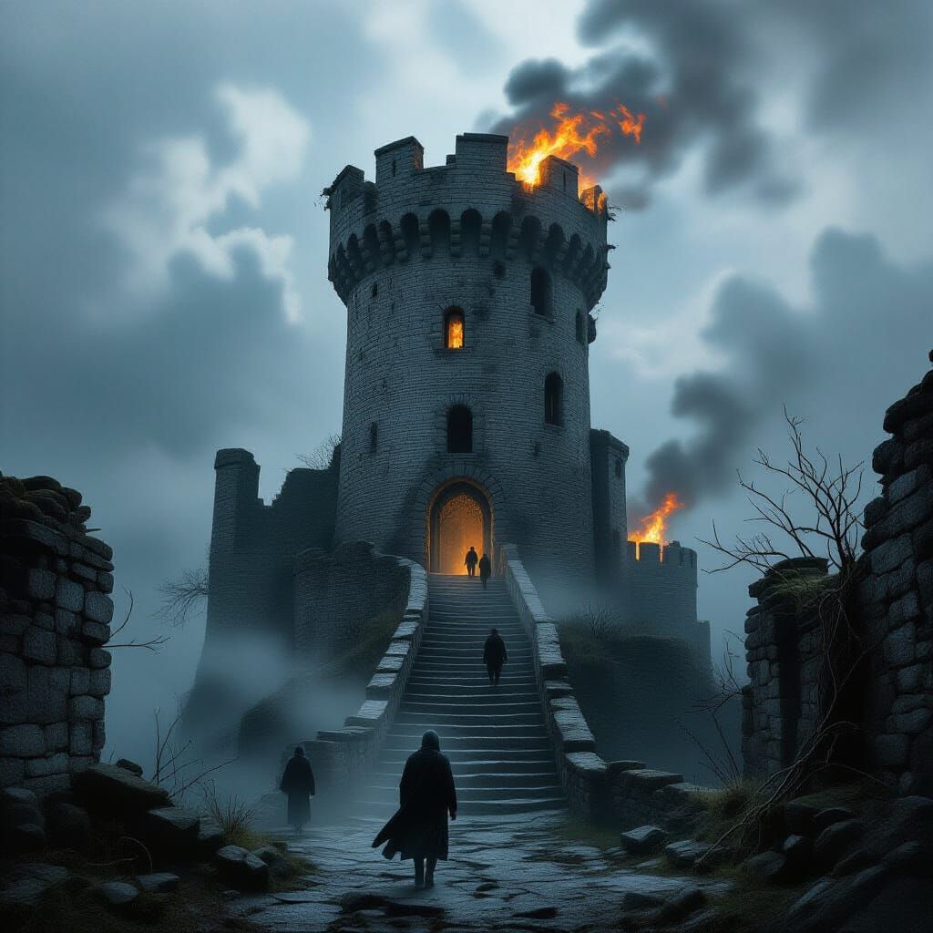 Ruined Medieval Tower with Human Shadows