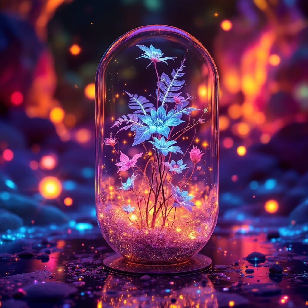 Glass of Bioluminescent Plants in Ethereal Angelic Patterns