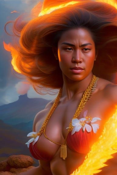 Fiery Hawaiian Goddess Pele Portrait in Art Nouveau Style