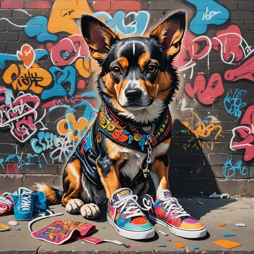 Dog in Streetwear Graffiti Art, Cyberpunk Style
