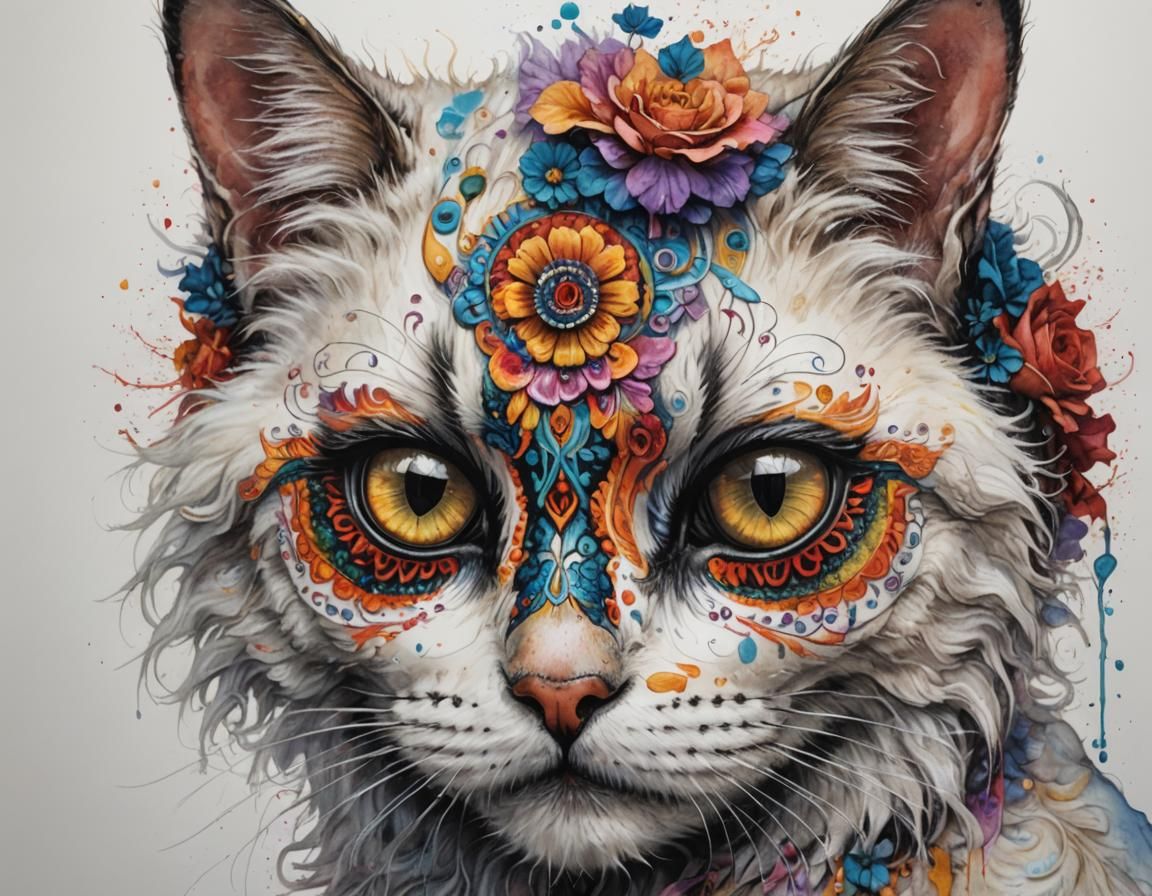 Fluffy Cat in La Dia de los Muertos Style