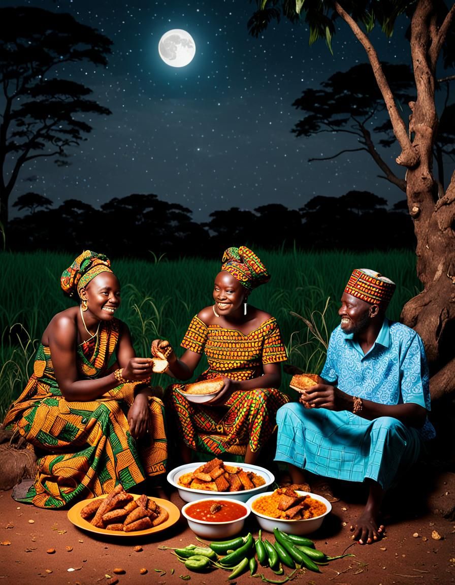 A native African family of four sitting in under the moonlig...
