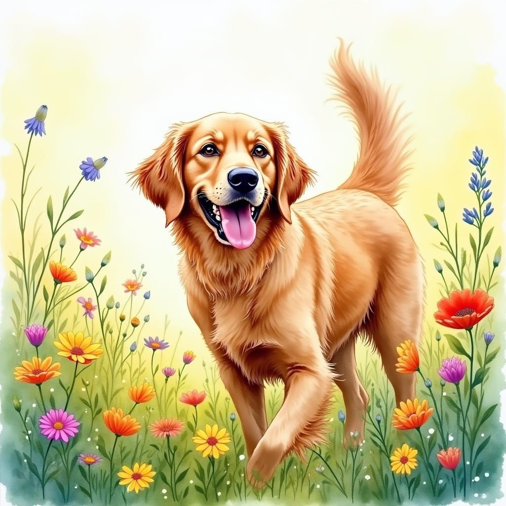 Happy Golden Retriever in Wildflower Meadow Watercolor Paint...