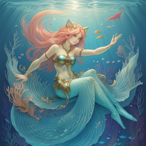Art Nouveau Kitty Mermaid in Luminous Ocean
