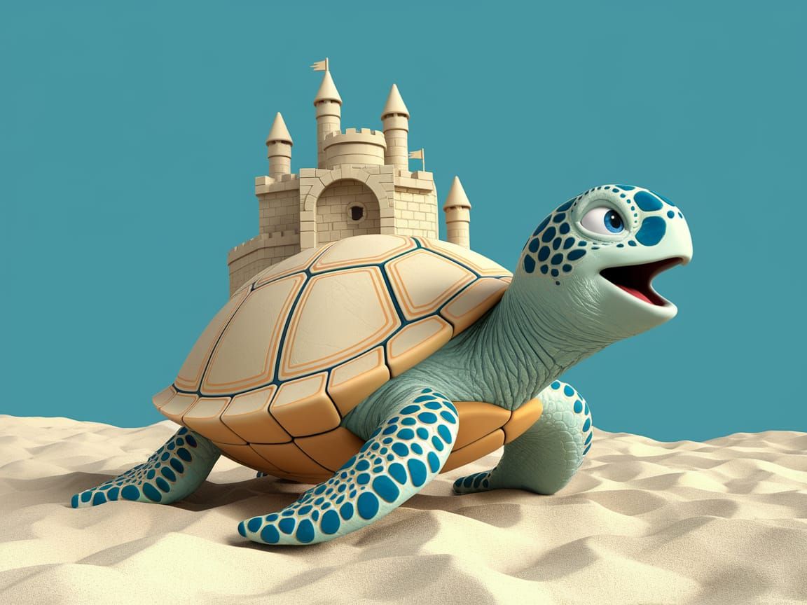 Singing Sea Turtle with Sandcastle: 3D Render