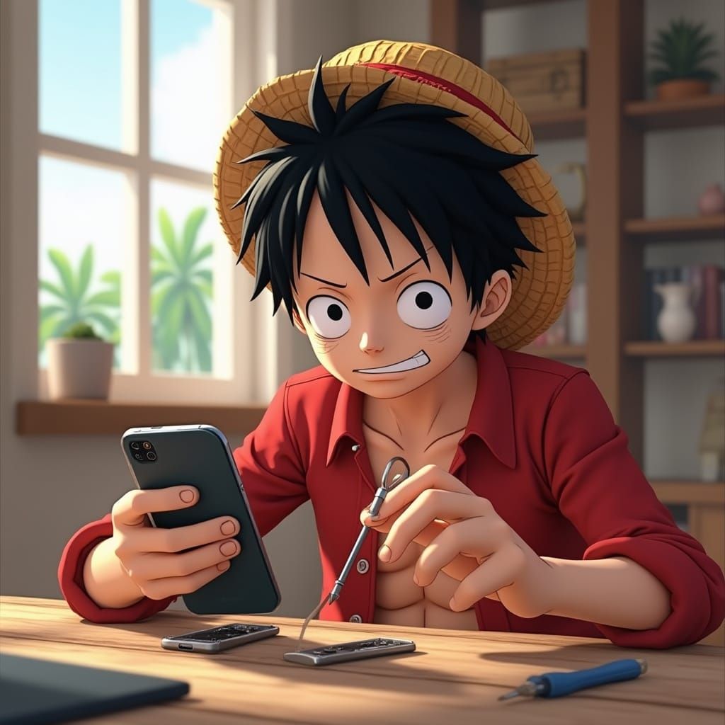 Monkey D. Luffy Disassembles Smartphone on Tropical Island