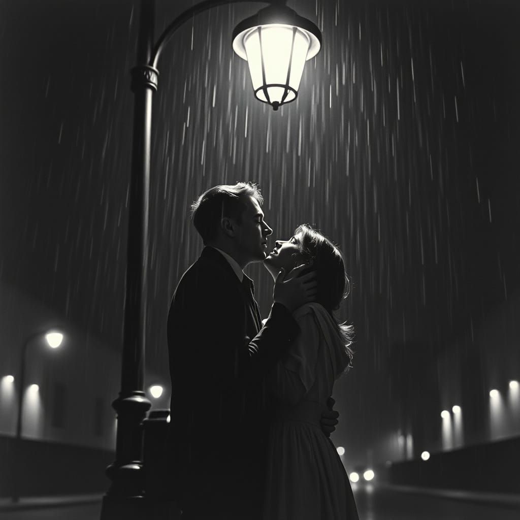 Romantic Kiss in the Rain: Vintage Movie Poster