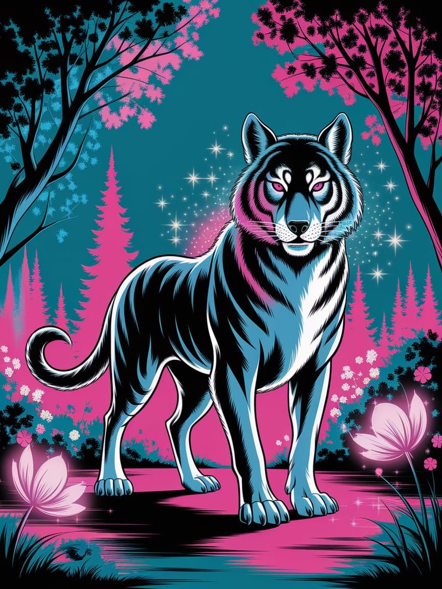 Fantasy Wolf Tiger Hybrid in Vibrant Forest