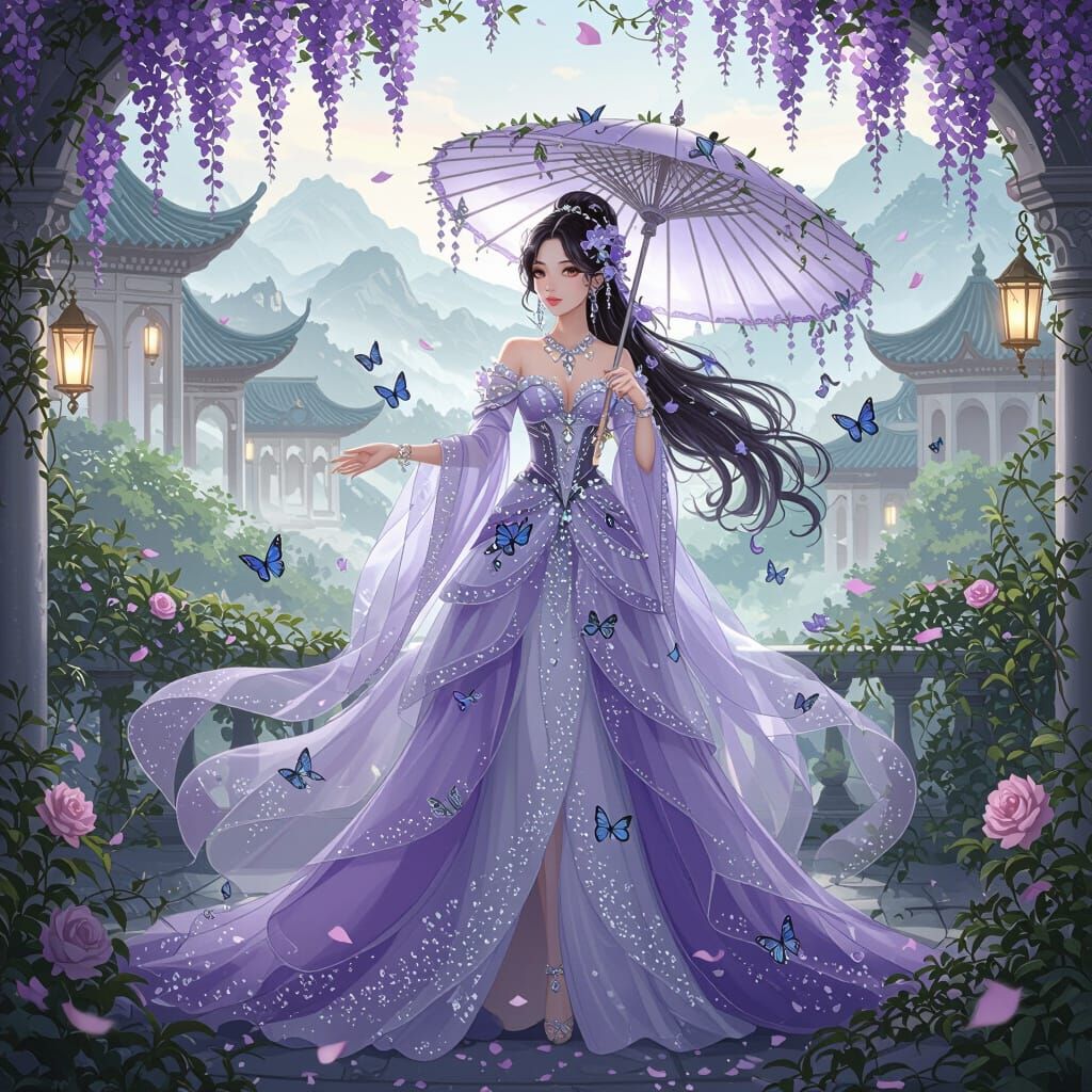 Fantasy Princess in Dreamy Palace Garden, Anime Style
