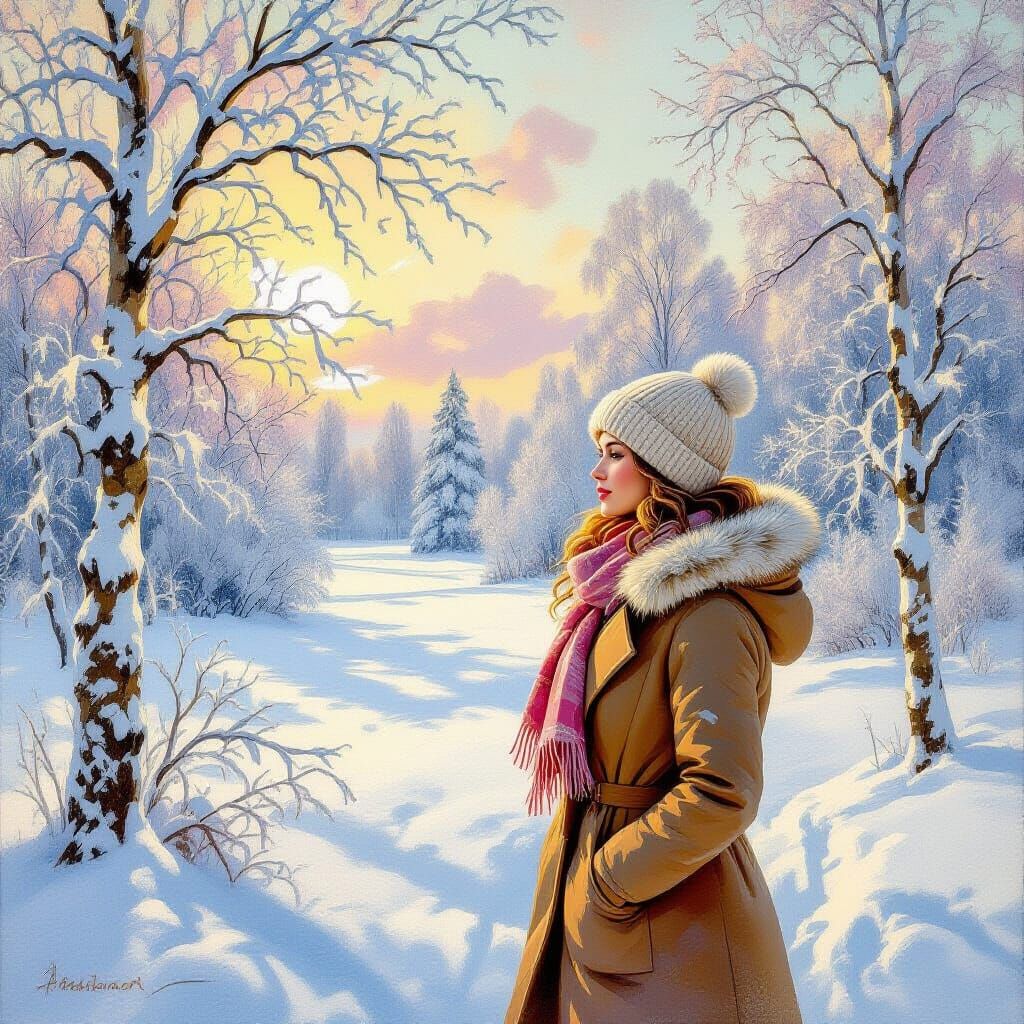 Snowy Landscape with Woman in Shishkin and Monet Style