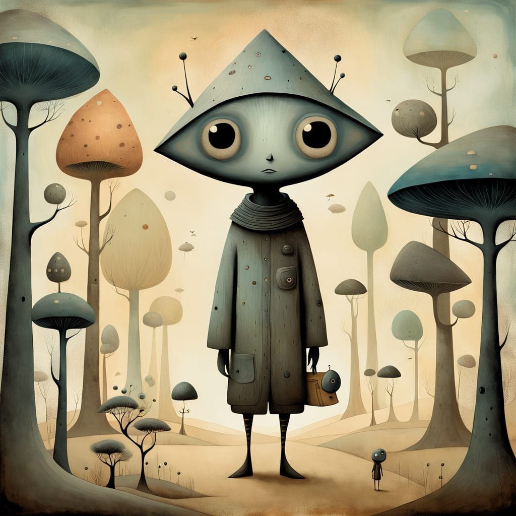 Whimsical Wanderer Painting with Elongated Forms