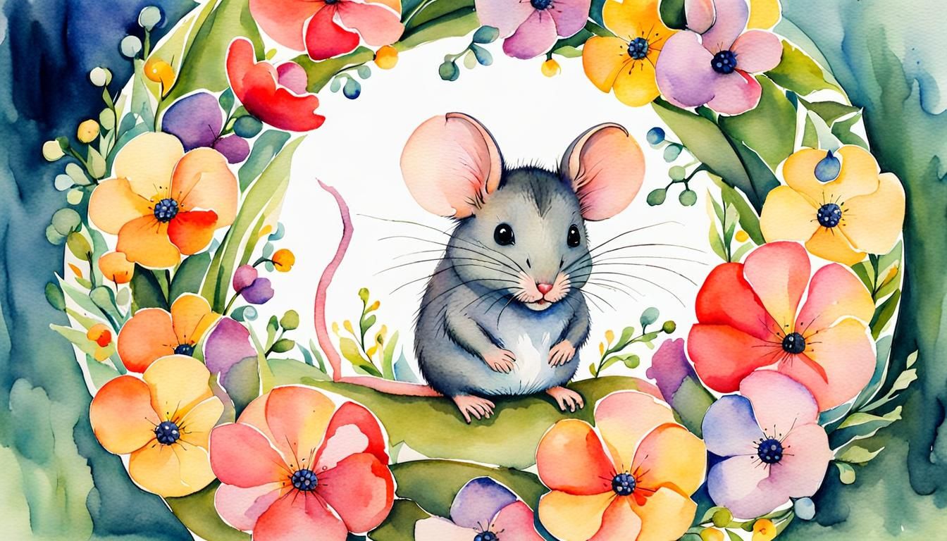 Whimsical Watercolor Mouse in Floral Garland