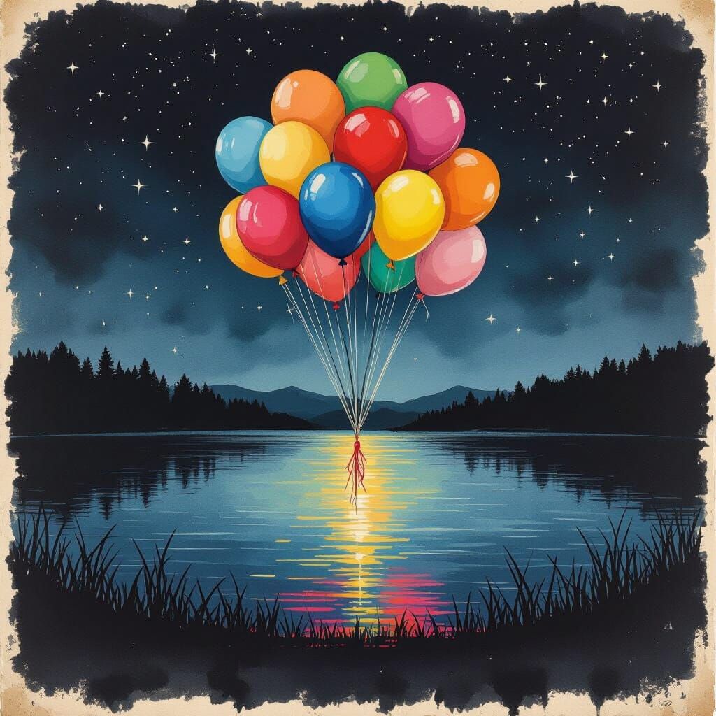 Eerie Lake at Night with Colorful Balloons, Ink Painting