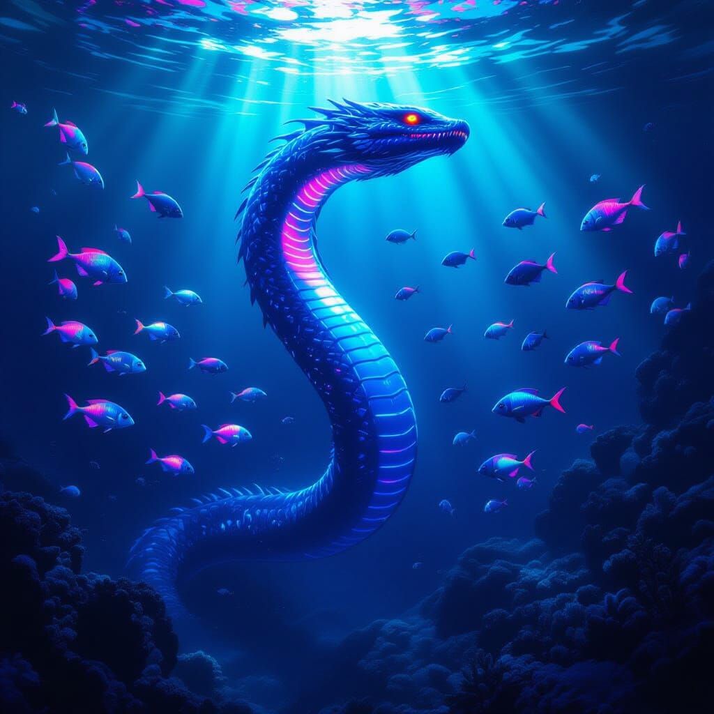 Bioluminescent Sea Serpent in Deep Ocean