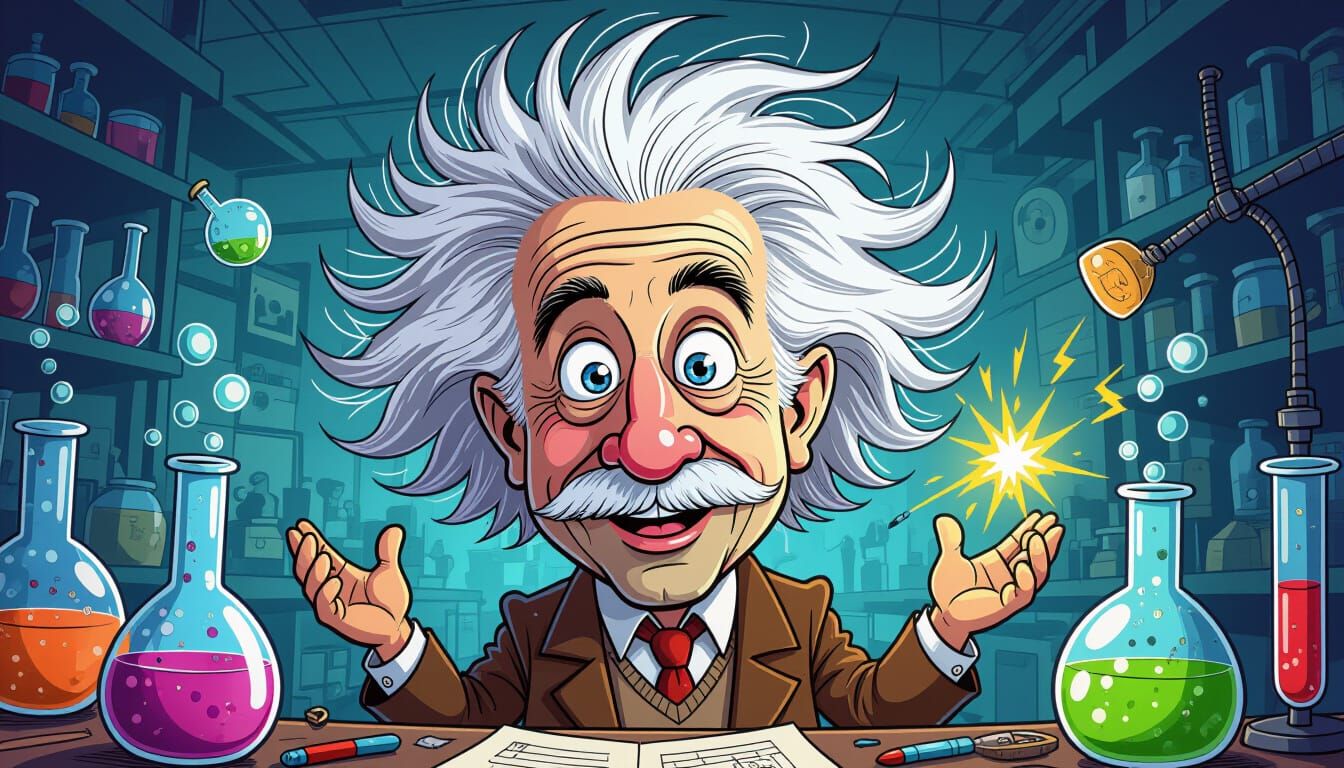 Einstein Caricature in Explosive Anime Action Style