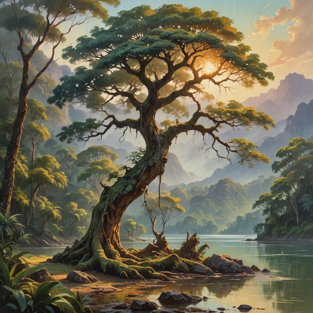 Ancient Tree by Lake in Impressionist Oil Painting