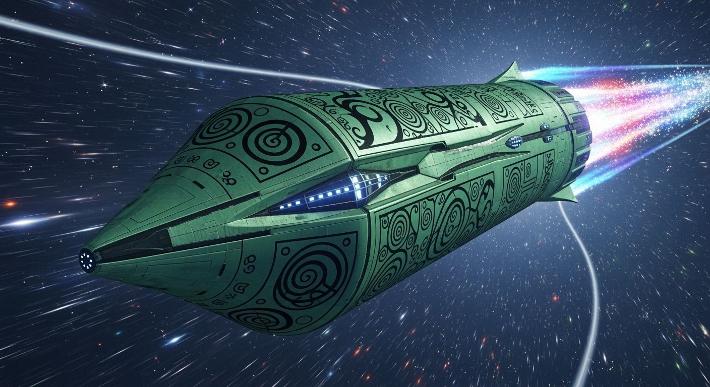 Klimt-Inspired Spaceship Through Vortex Tunnel Maelstrom