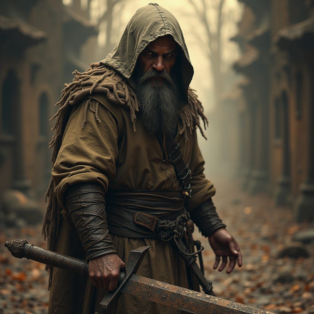 Menacing Beggar with Bent Sword in Dark Fantasy World
