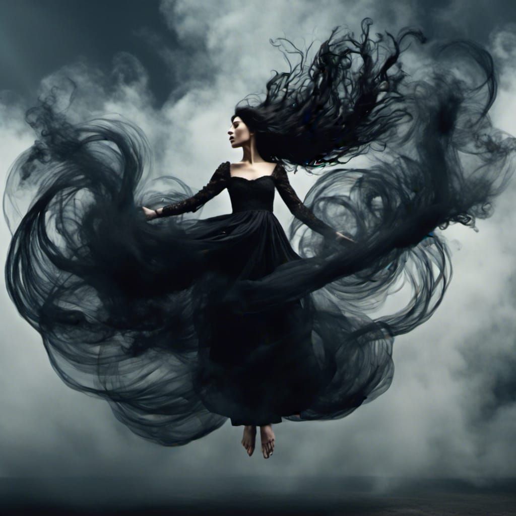 Levitating Woman with Flowing Hair in Dark Fantasy