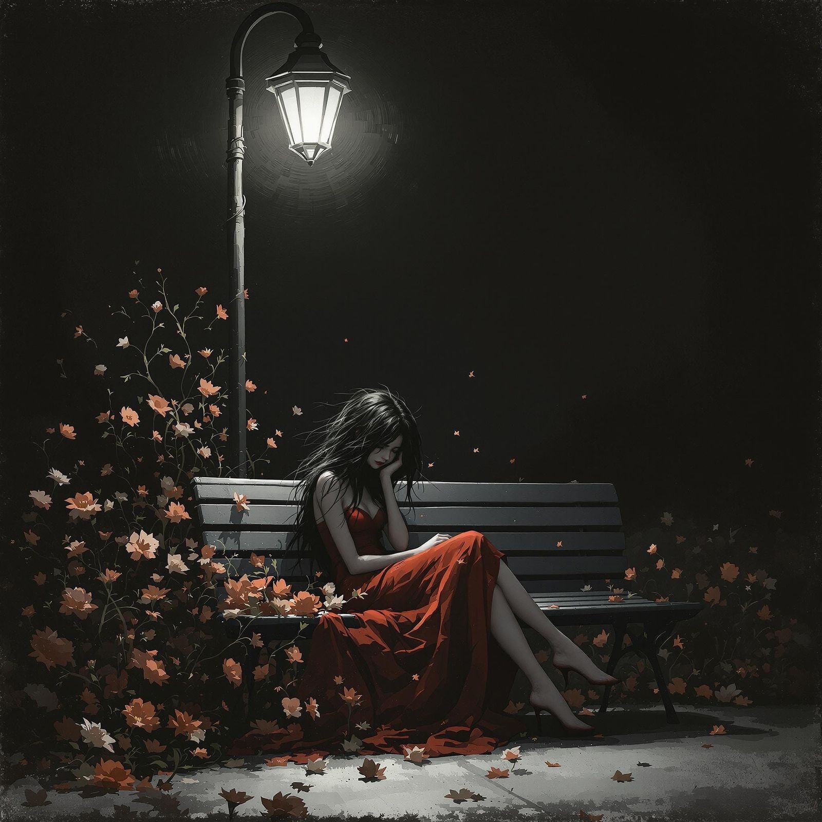 Female Figure on Bench Under Streetlight in Matte Painting S...