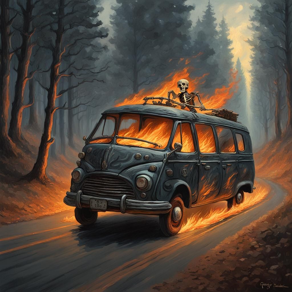 Skeleton Van on Fire: A Dark Horror Scene