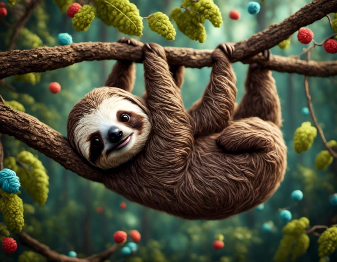 Adorable Sloth Hanging on Tree in Yarn World