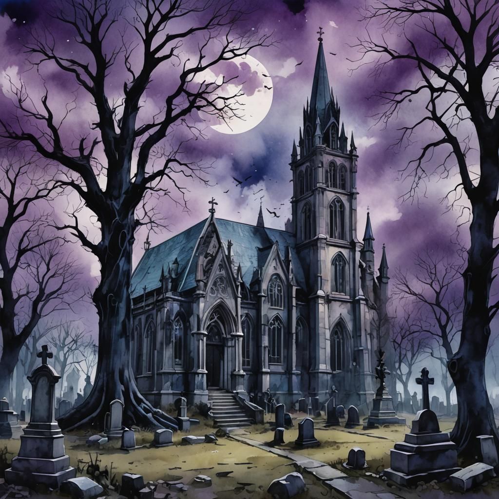 Gothic Graveyard Scene in Watercolor Style