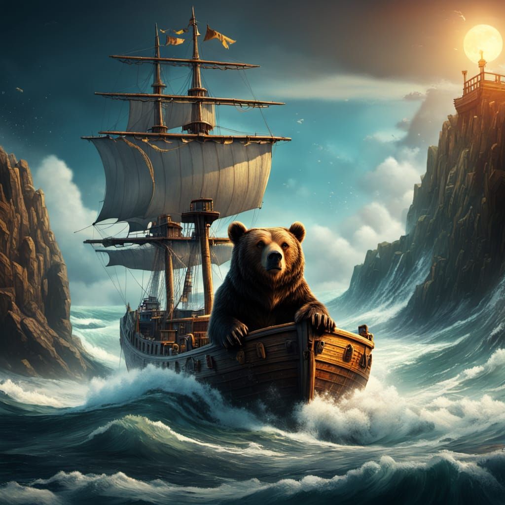 Bear Captain Navigating Ship on Stormy Sea