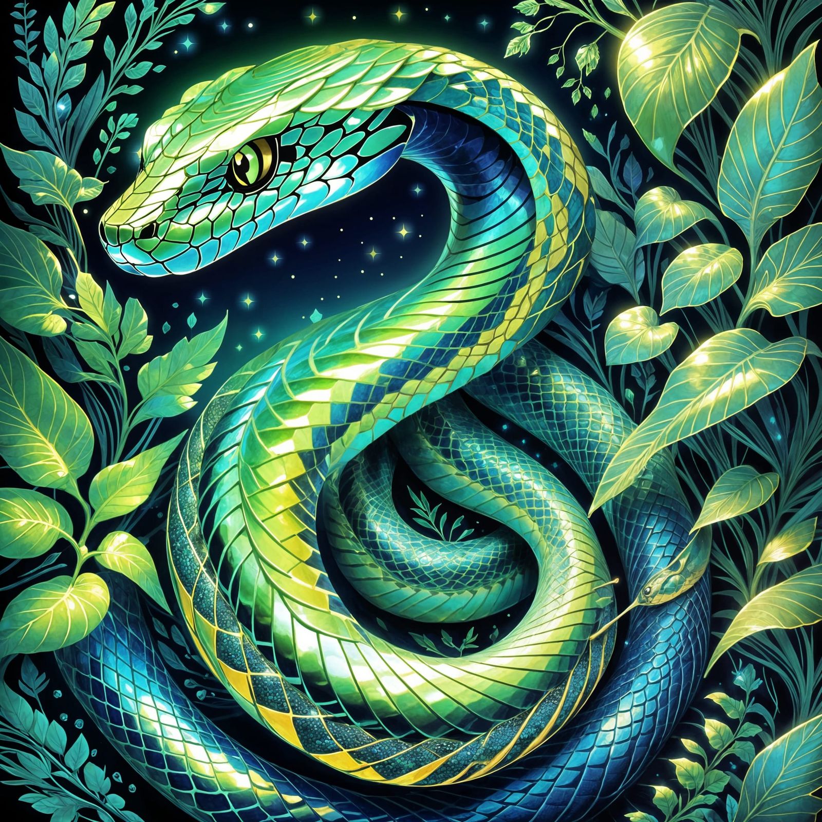 Iridescent Spirit Snake with Magical Vines