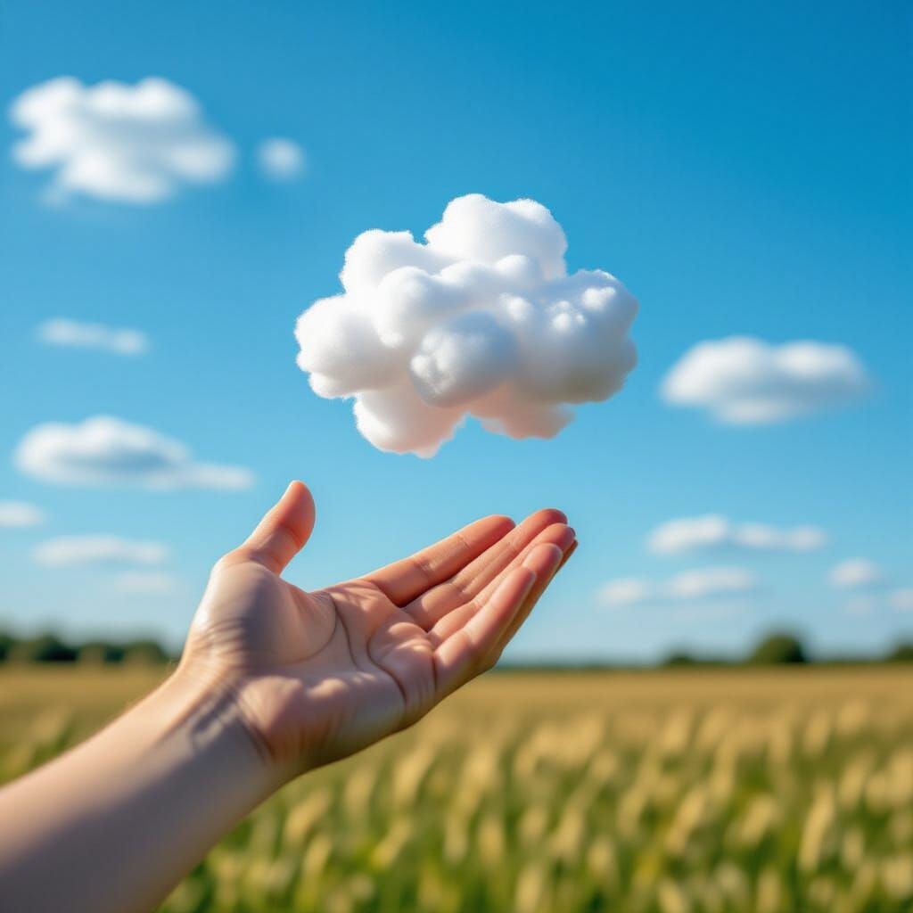 Human Hand Holds Cloud Like Cotton Candy in Field