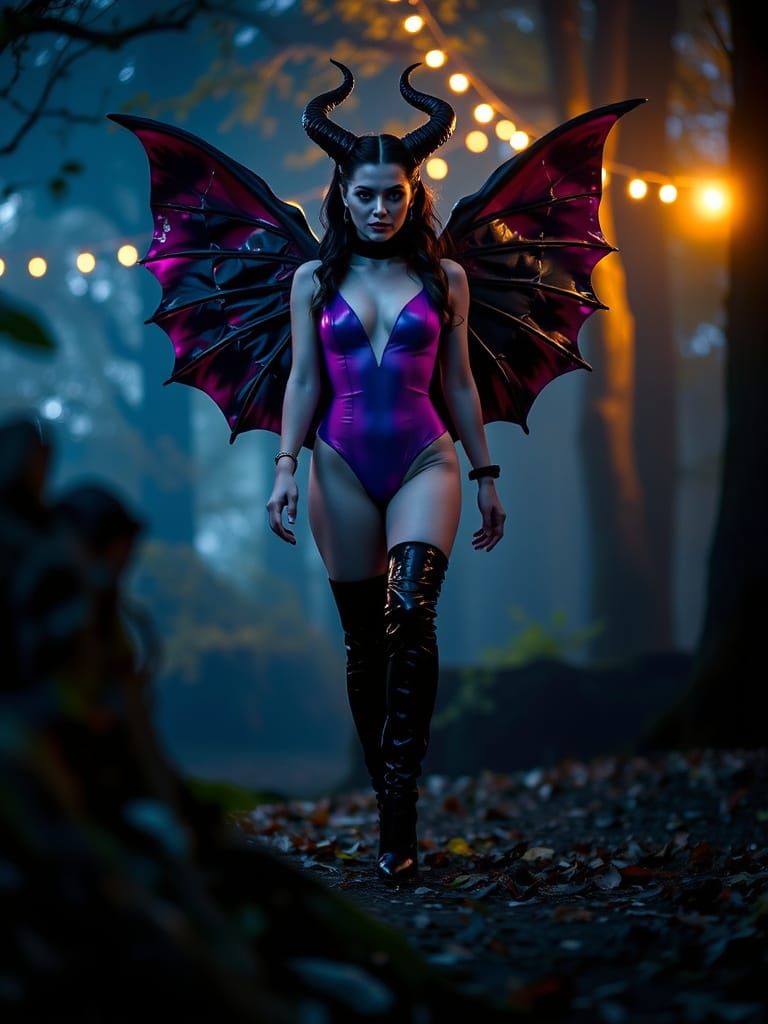Maleficent with big dark wings, latex wear and stiletto high heel boots standing in the dark forest Epic cinematic brill...