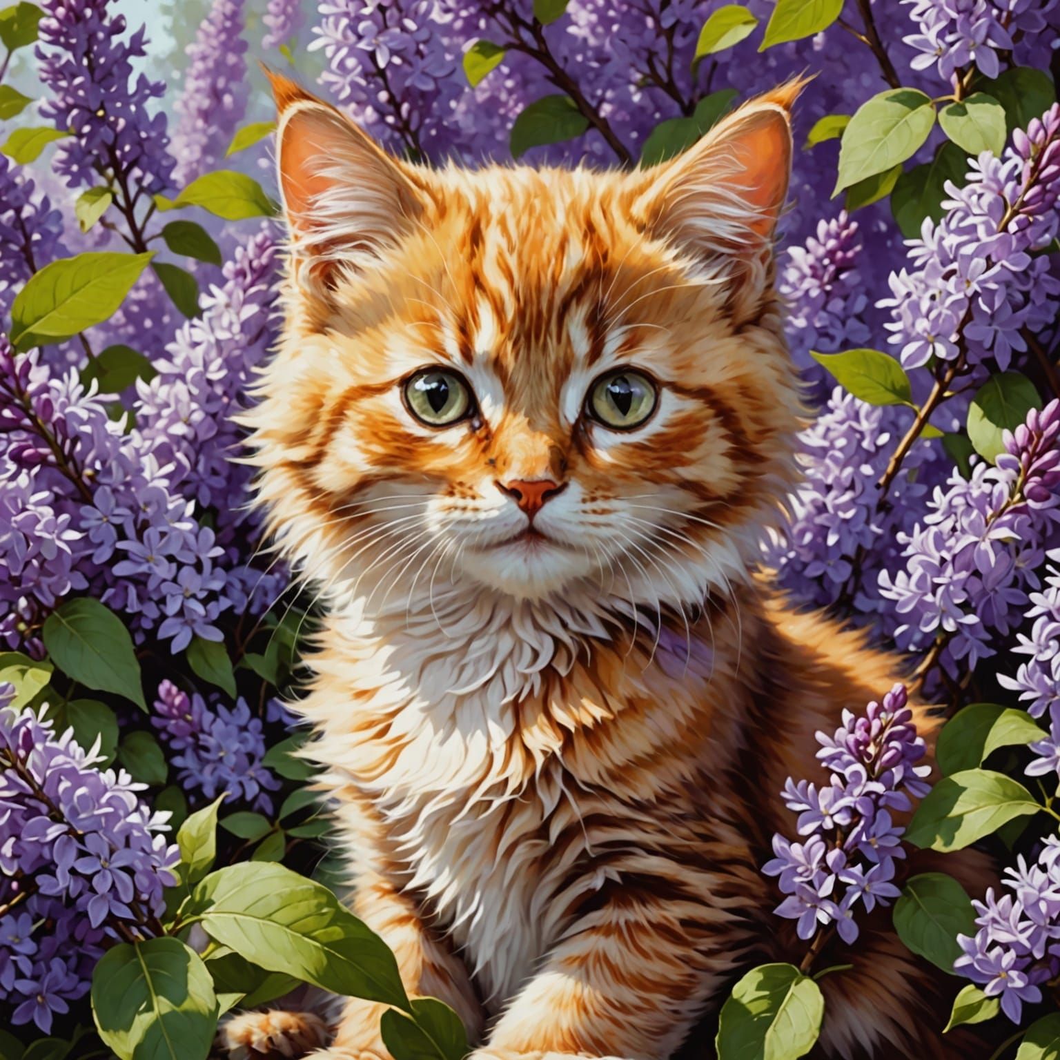 Marmalade Kitten Amidst Purple Lilacs in Anime Style