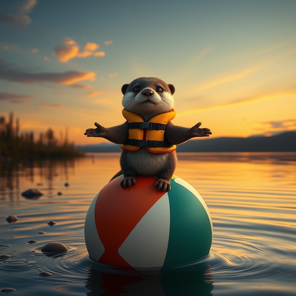 Cute Otter Balances on Beach Ball at Sunset