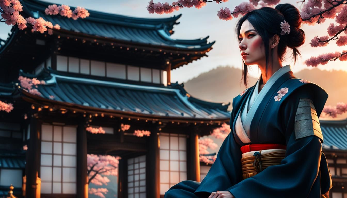 Samurai Woman at Sunset with Dragon, Hyperdetailed Art