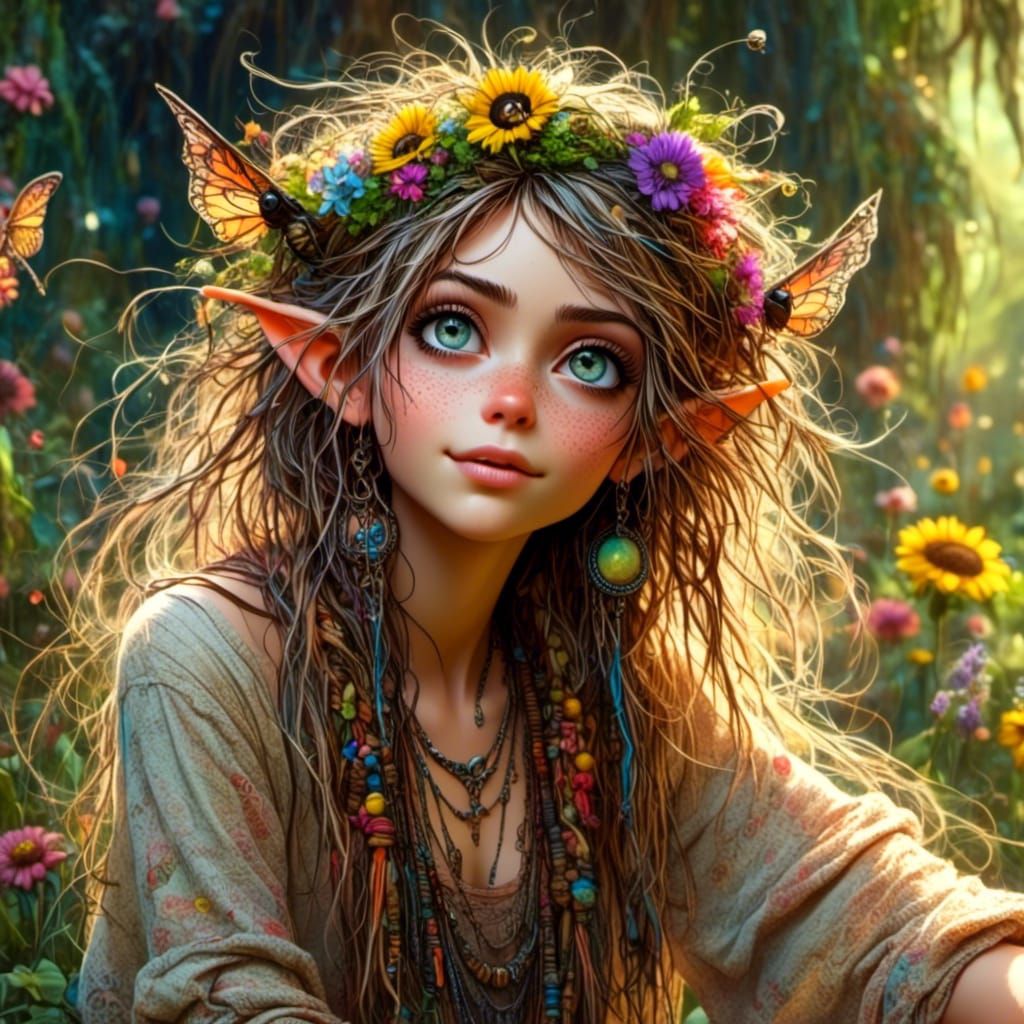 Whimsical Pixie in Lush Garden, Digital Art