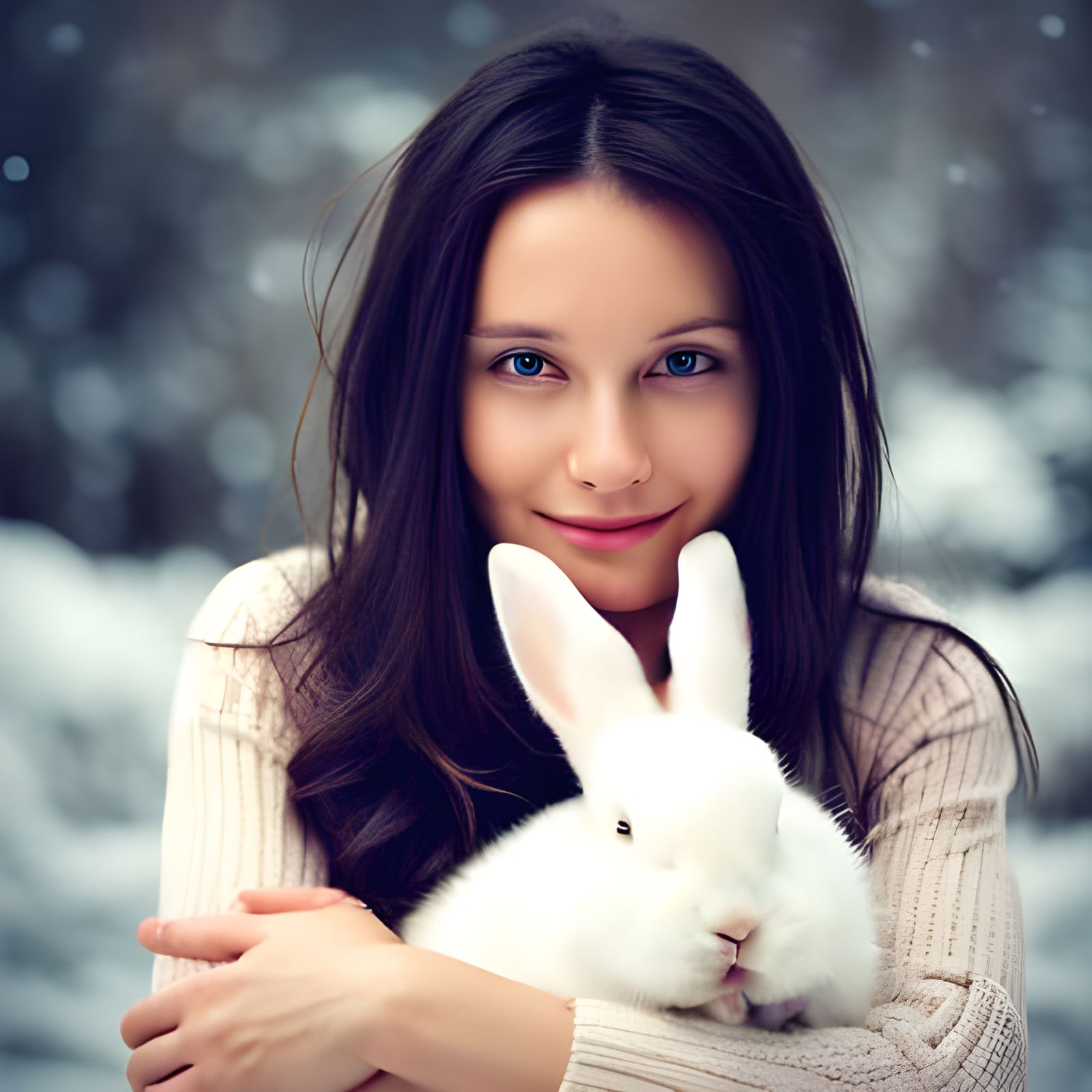 Happy Girl with Sleepy Rabbit in Winter