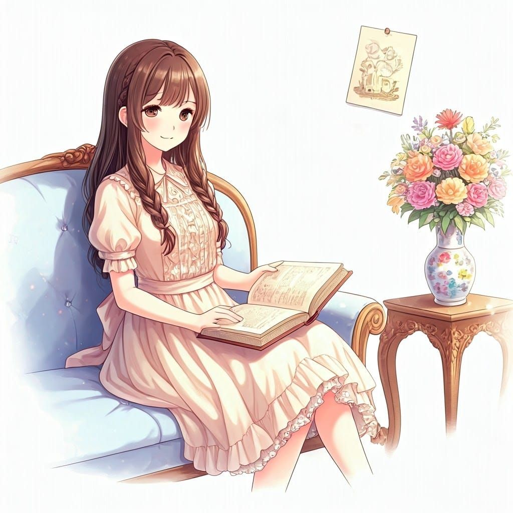 Bright, realistic, with smooth, clear black borders: An anime girl with brown hair with beautiful braids, smiling, her l...