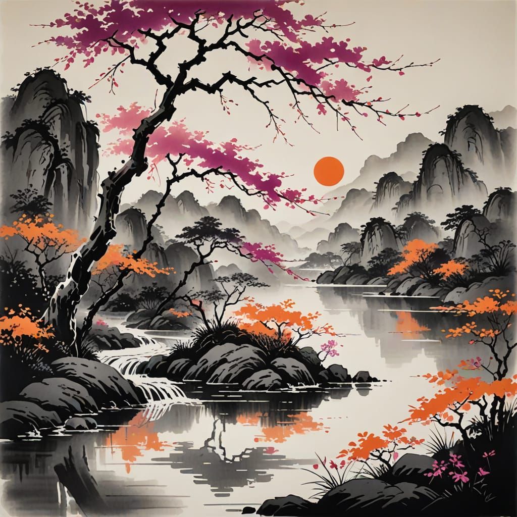 Elegant Willow Tree in Chinese Ink Painting Style