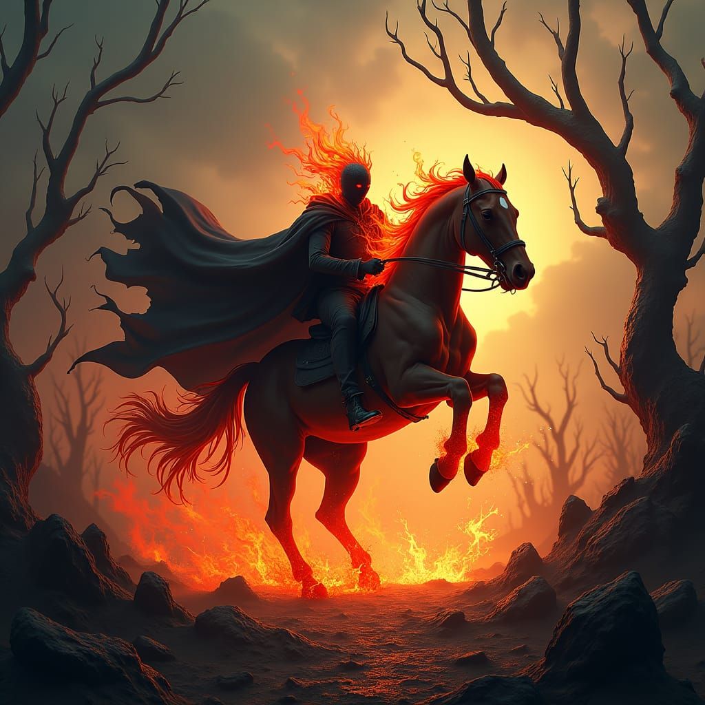 Fiery Headless Horseman Dances in Dark Fantasy Landscape