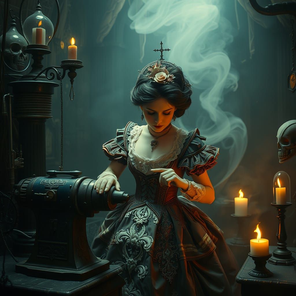 Gothic Surrealist Woman Grinds in Haunting Atmosphere