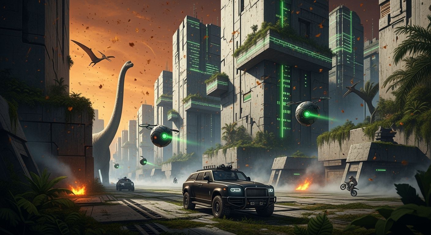 Futuristic Brutalist Cityscape with Jungle and Drones