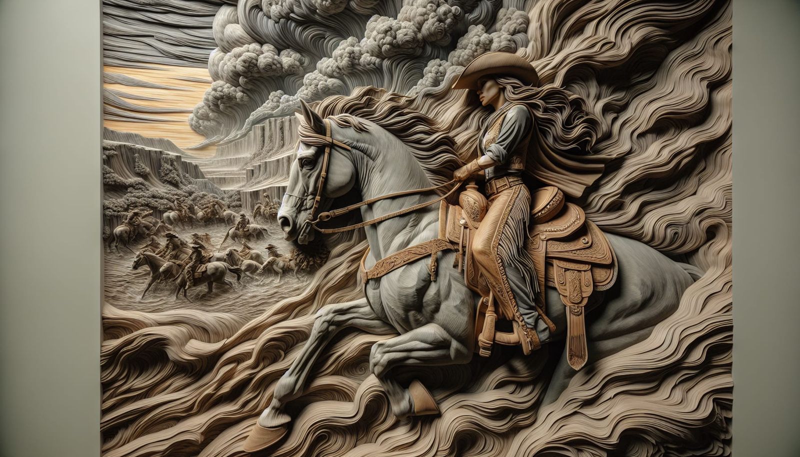 High Relief Carving of Cowgirl in Brewing Storm